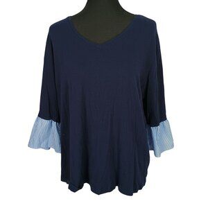 Westbound Womens V-Neck Navy Top With Striped‎ Bell Sleeves 2X